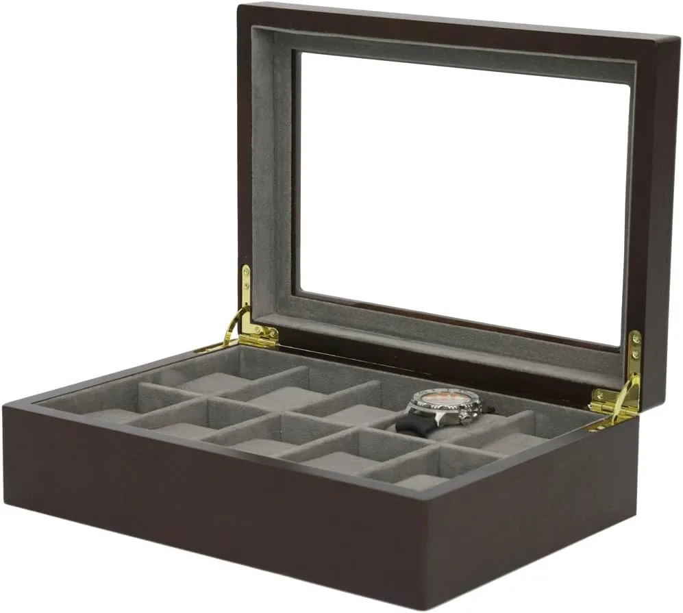 Window Espresso Brown 10 Watch Box Watch Box Wood Grain XL drill premature Large Compartments High Glass 