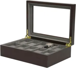 Window Espresso Brown 10 Watch Box Watch Box Wood Grain XL drill premature Large Compartments High Glass 