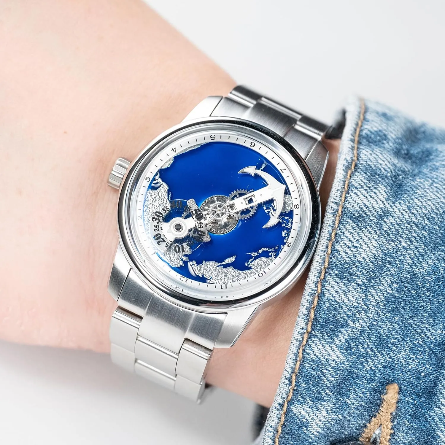 with Blue Dial, Stainless Steel Band, Silver widespread Luxury Men's Nautical Anchor Watch 
