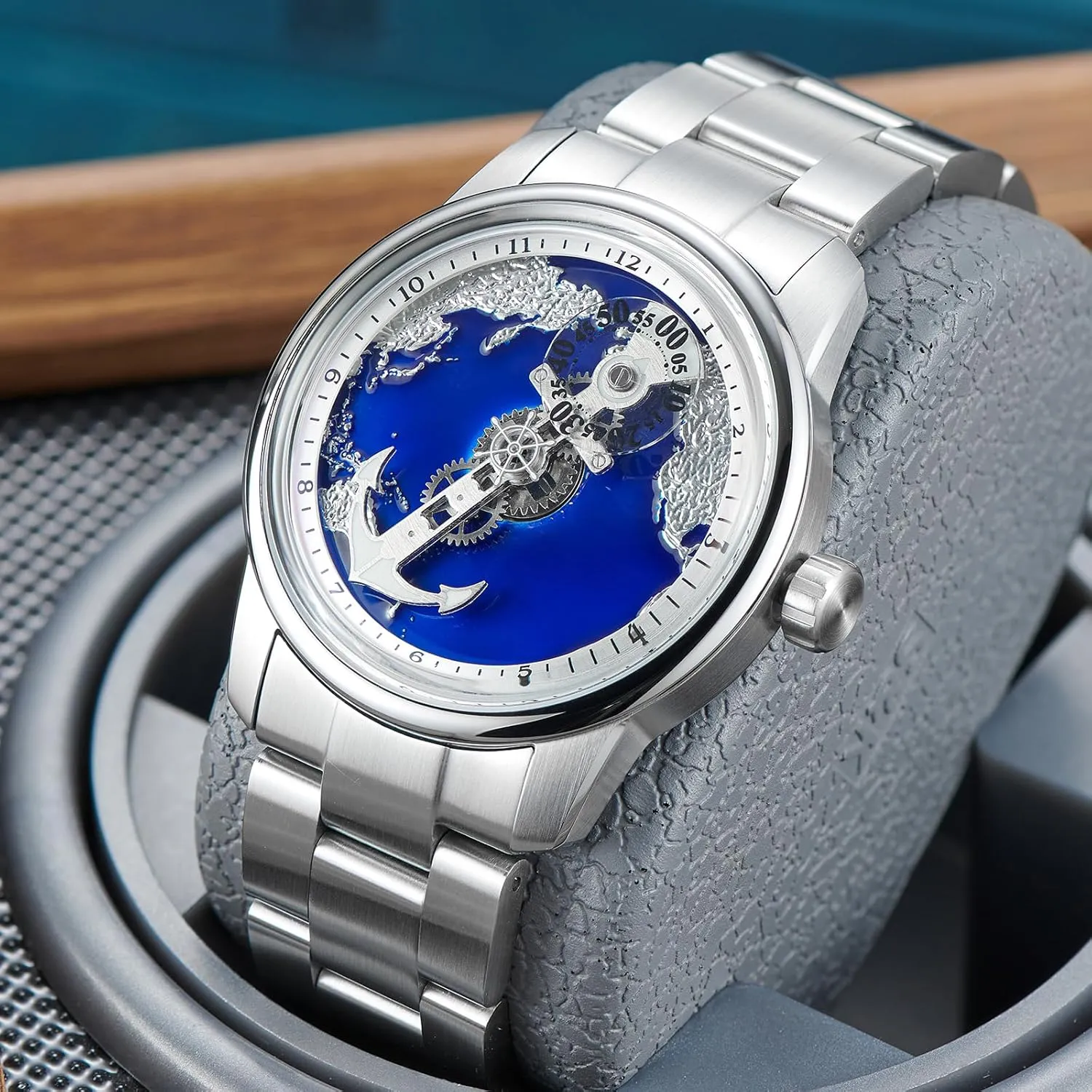with Blue Dial, Stainless Steel Band, Silver widespread Luxury Men's Nautical Anchor Watch 