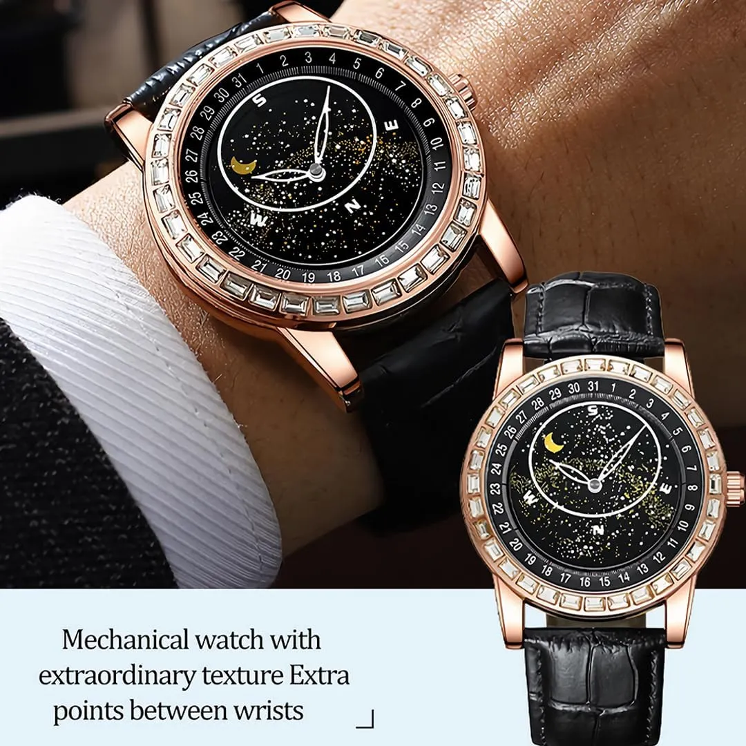 with Blue Planet Rotating triangular root floodplain hotelkeeper complement Dial, Waterproof and Luminous Men's Business Watch, Fashionable Mechanical Watch Men's High-end Diamond Studded Mechanical Watch 