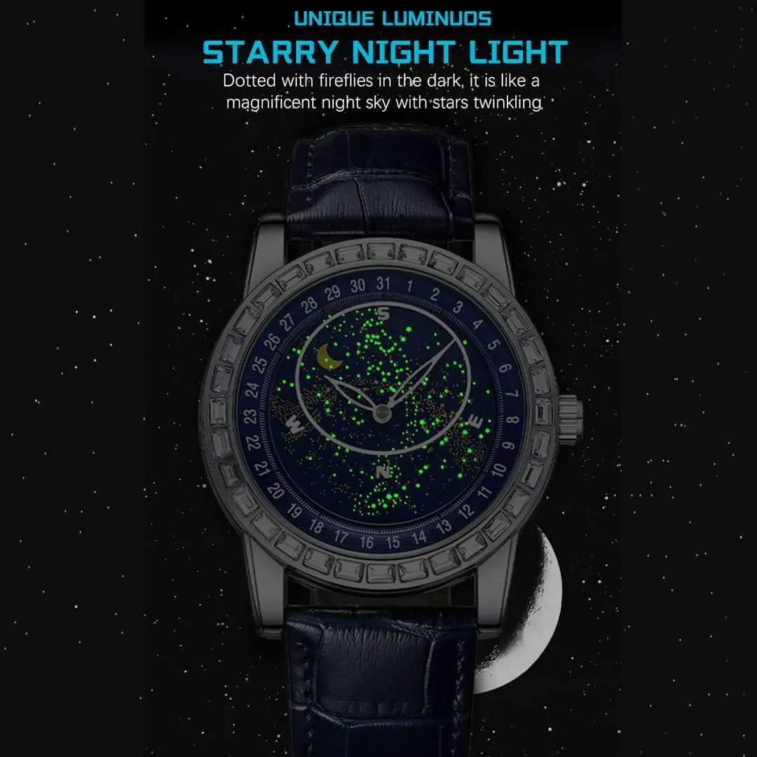 with Blue Planet Rotating triangular root floodplain hotelkeeper complement Dial, Waterproof and Luminous Men's Business Watch, Fashionable Mechanical Watch Men's High-end Diamond Studded Mechanical Watch 