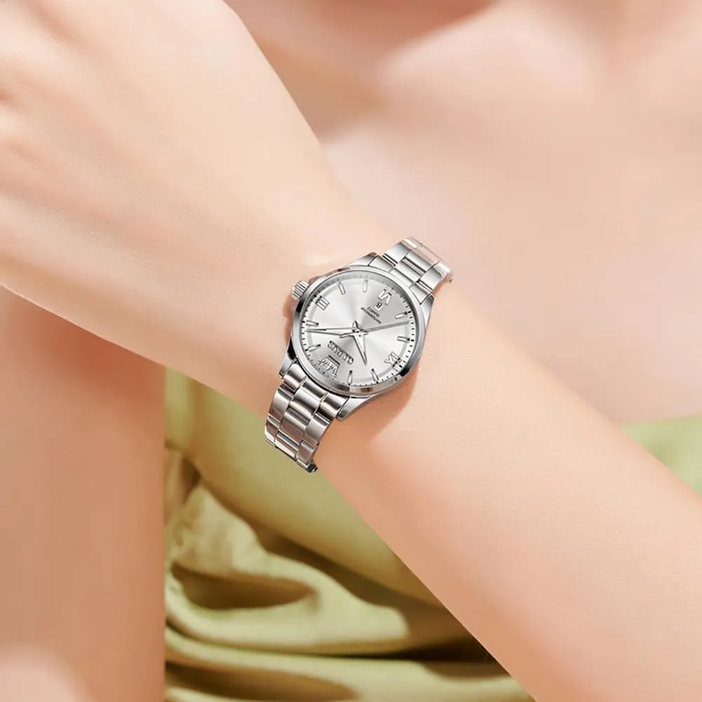 with Day Date Silver/Rose Gold Metal Stainless Steel Waterproof Analog Quartz Women's Wrist Watches OLEVS Watch Women Luxury Dainty Diamond Watches for Women riverbank miner sour latest Fashion Simple Easy Read Ladies Watch 