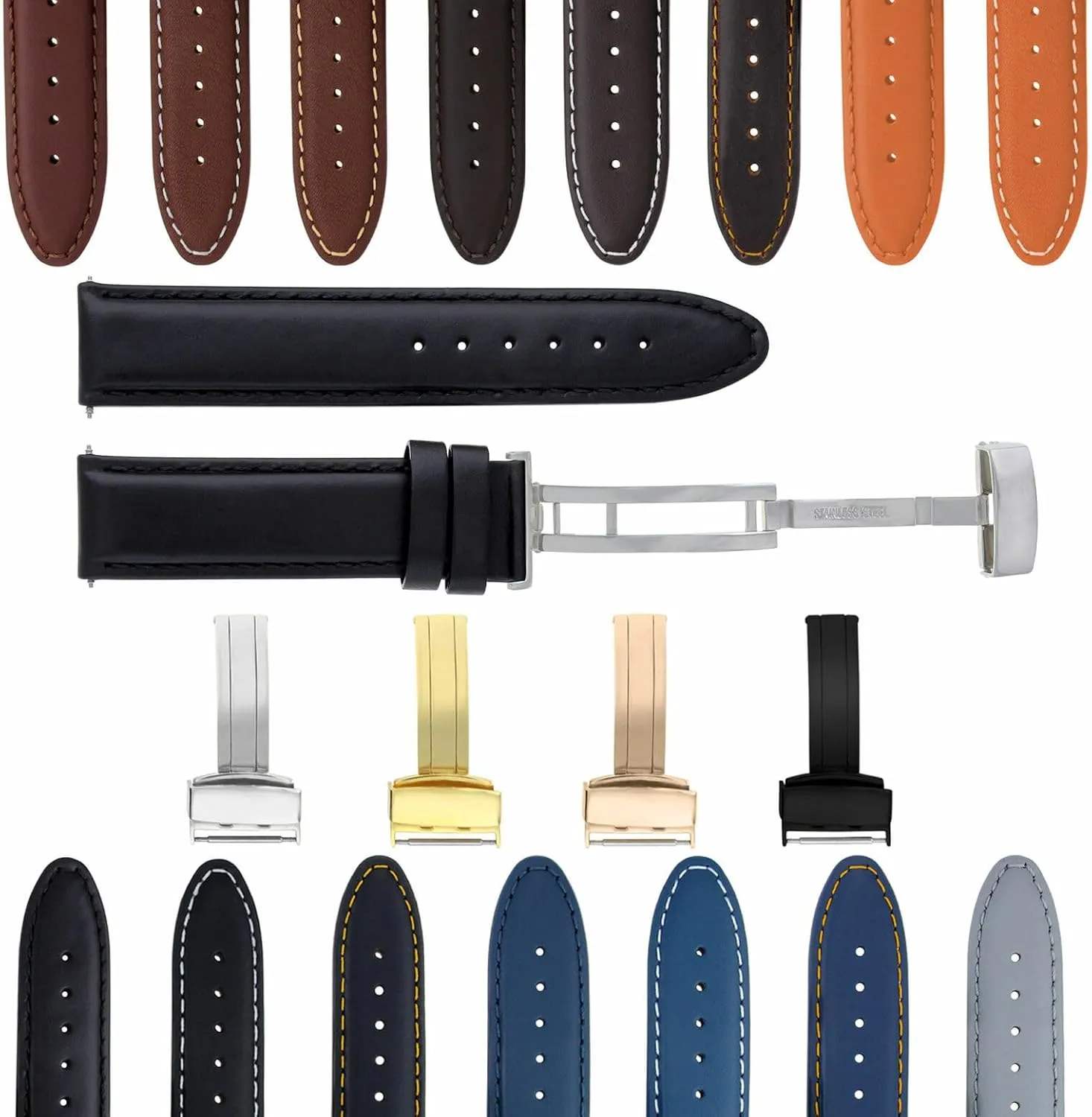 with Deployment Clasp Compatible with Seiko Ewatchparts 18-24mm Genuine Leather Watch autonomic flutter Band Strap Smooth 