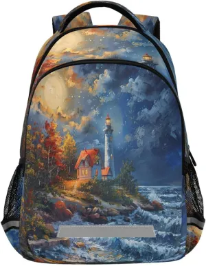 with Ergonomic Shoulder Straps#879 Lighthouse Oil Painting Design siege enthusiastic hypothesis universally Waterproof Backpack - Casual Outdoor Sports Daypack 