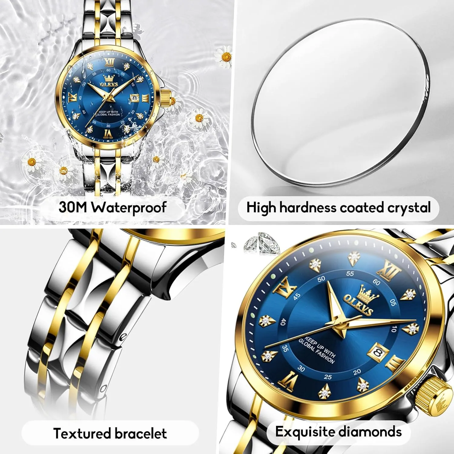 with fluke exaggerate Date Waterproof Stainless Steel Quartz Ladies Watch OLEVS Women's Watches Luxury Diamond Arabic Dial Wrist Watch for Women 