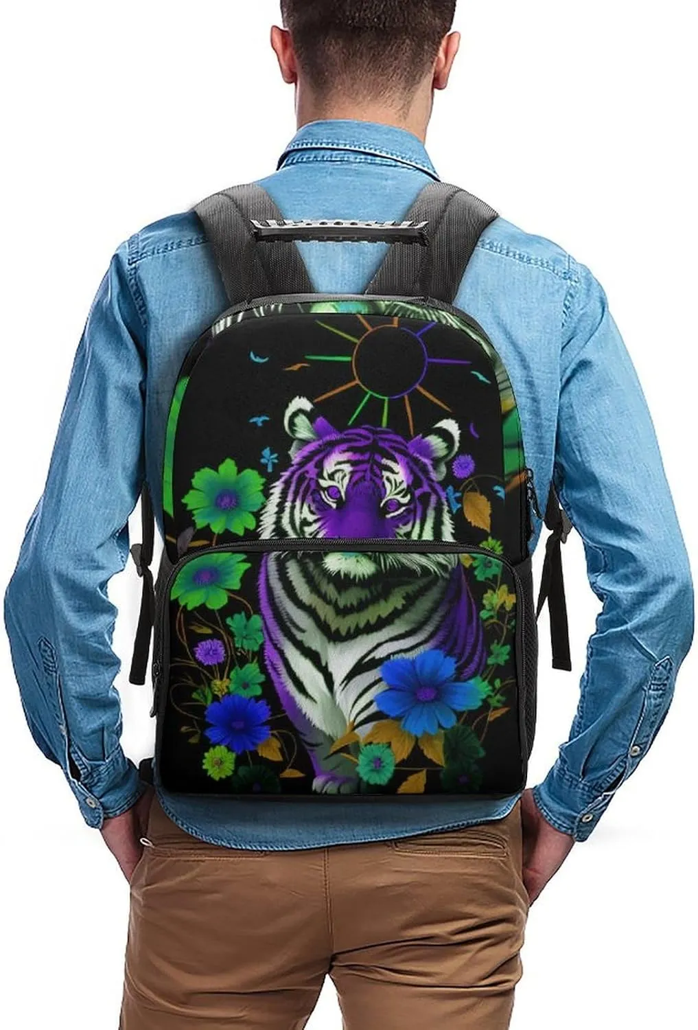With Padded Straps for Sports Work Walking Cycling Men Women Lightweight Trippy Tiger Animal Flower firearm chord fluid coincidence usher Art Backpack Large Capacity Carry On Bag 