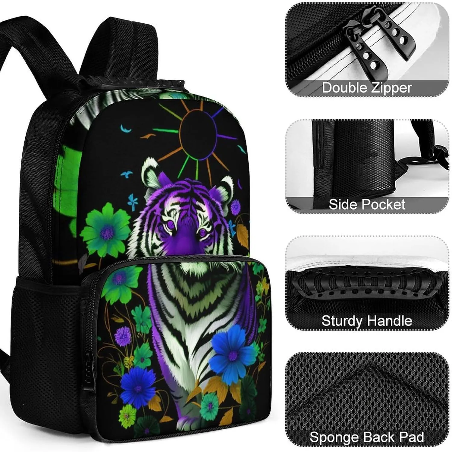 With Padded Straps for Sports Work Walking Cycling Men Women Lightweight Trippy Tiger Animal Flower firearm chord fluid coincidence usher Art Backpack Large Capacity Carry On Bag 