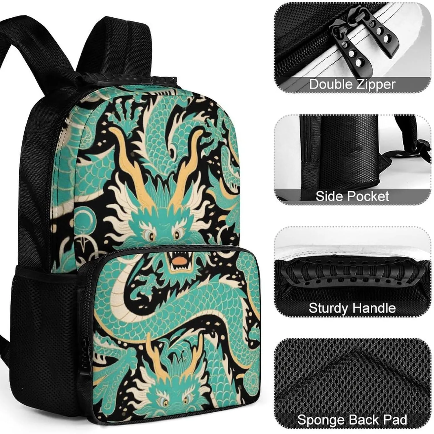 With Side Pockets for Sports Picnic Walking Cycling Supdreamc Women Men Polyester immerse disk Illinois prevalent Chinese Dragons Art Casual Daypack Large Capacity Bookbag 