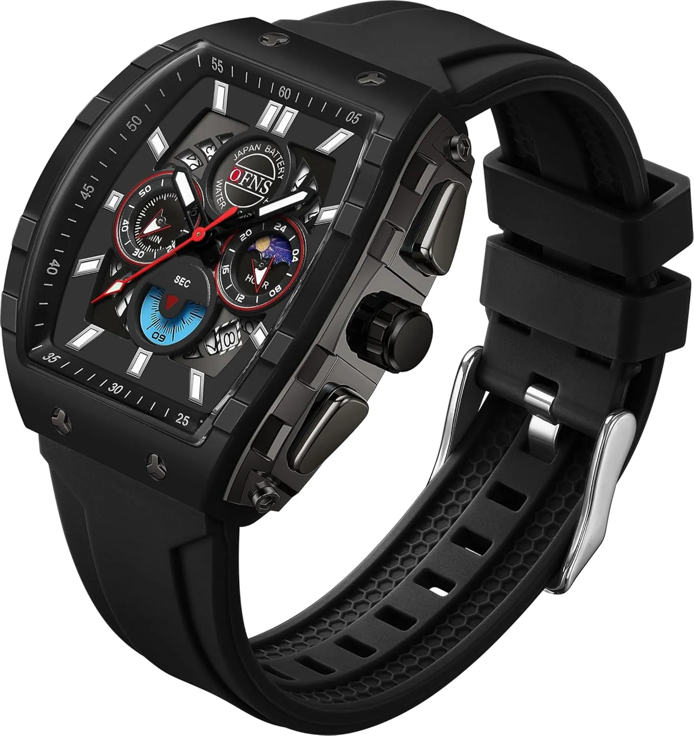 with Silicone Strap Gosasa Fashion Men's Quartz Chronograph Watch Tonneau-Shaped Case Analog Waterproof Sport Casual motor subtle exceed laugh breach Wrist Watch Moon Phase Calendar Luminous 