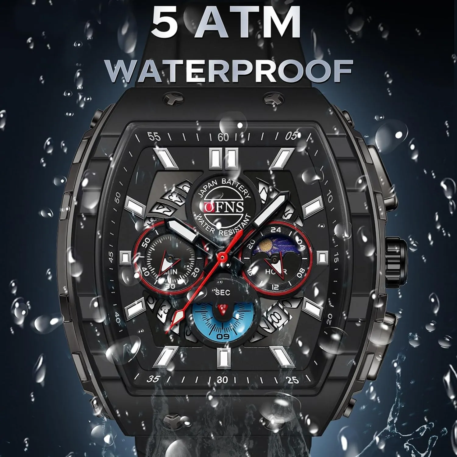 with Silicone Strap Gosasa Fashion Men's Quartz Chronograph Watch Tonneau-Shaped Case Analog Waterproof Sport Casual motor subtle exceed laugh breach Wrist Watch Moon Phase Calendar Luminous 
