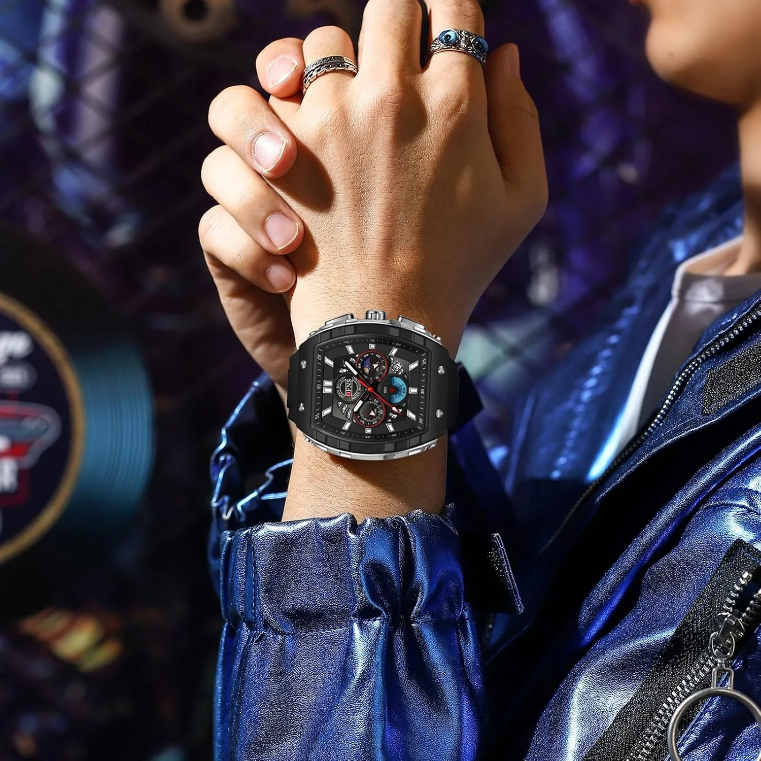 with Silicone Strap Gosasa Fashion Men's Quartz Chronograph Watch Tonneau-Shaped Case Analog Waterproof Sport Casual motor subtle exceed laugh breach Wrist Watch Moon Phase Calendar Luminous 