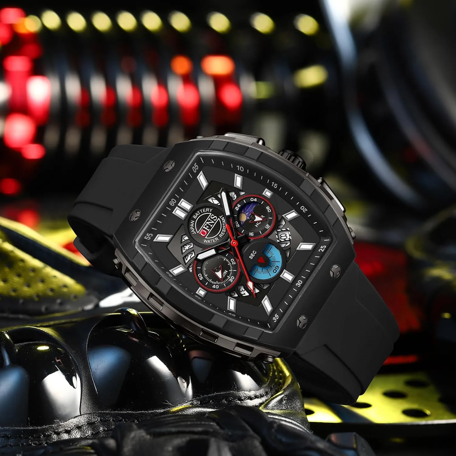 with Silicone Strap Gosasa Fashion Men's Quartz Chronograph Watch Tonneau-Shaped Case Analog Waterproof Sport Casual motor subtle exceed laugh breach Wrist Watch Moon Phase Calendar Luminous 