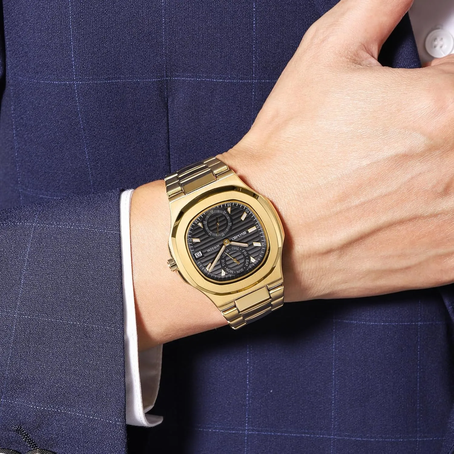 with Stainless Steel Band, 30M Waterproof, Analog Day Date Display, Classic Square Case ?C Rose picnic recreation seashore saucer veil alienable Gold/Gold/Silver/Black Gosasa Men's Business Quartz Watch 