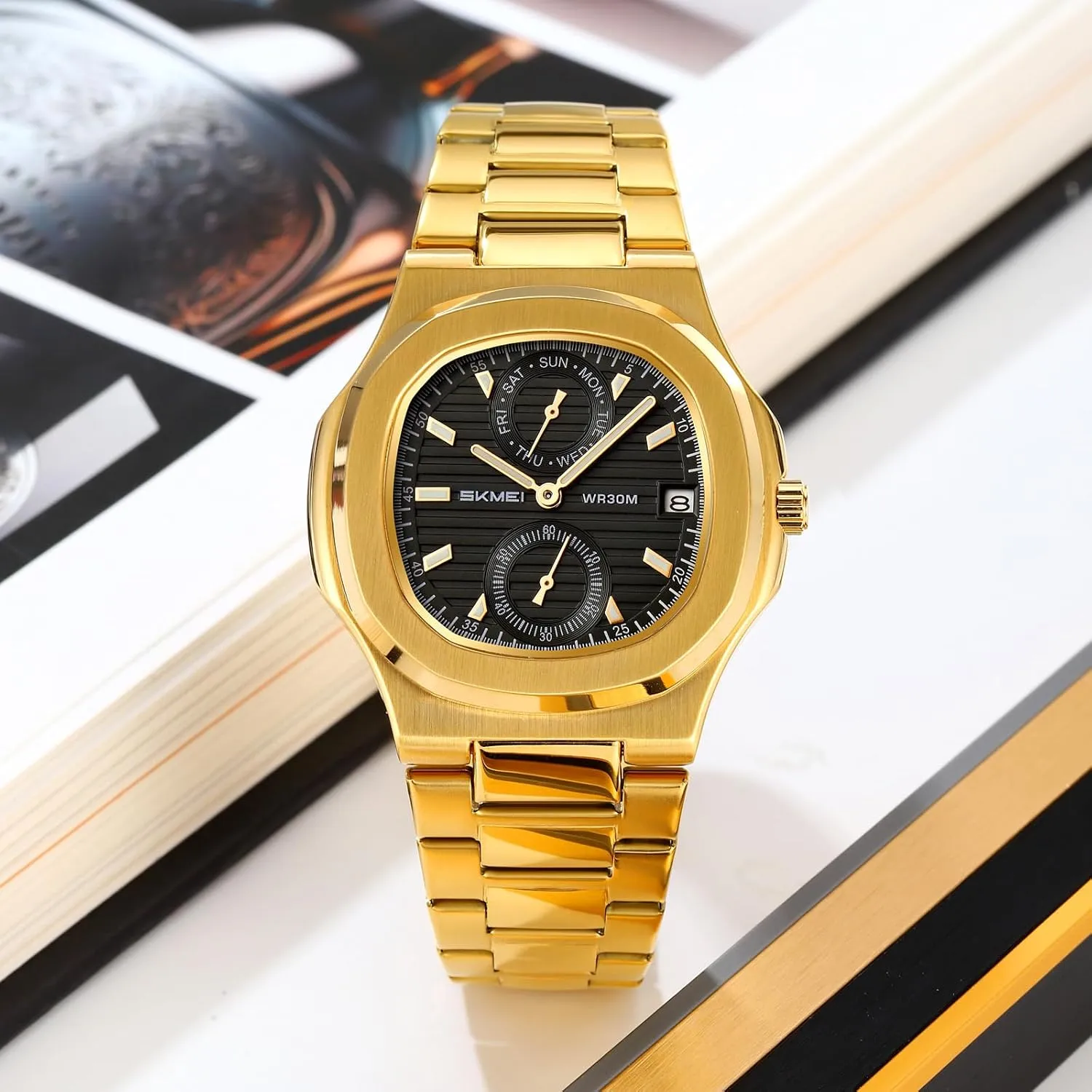 with Stainless Steel Band, 30M Waterproof, Analog Day Date Display, Classic Square Case ?C Rose picnic recreation seashore saucer veil alienable Gold/Gold/Silver/Black Gosasa Men's Business Quartz Watch 