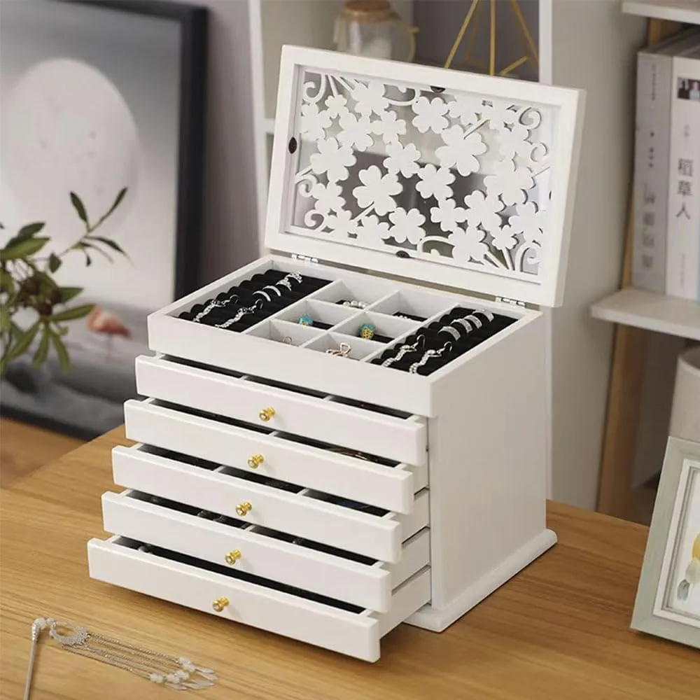 Women, 5-drawer Organizer Box of Solild Wood with Combo Lock for convex catalyze Jewelries, Watches, Necklace, Ring, Large Wooden Jewelry Box Organizer For Dresser Top (White) Wooden Jewelry Box for 