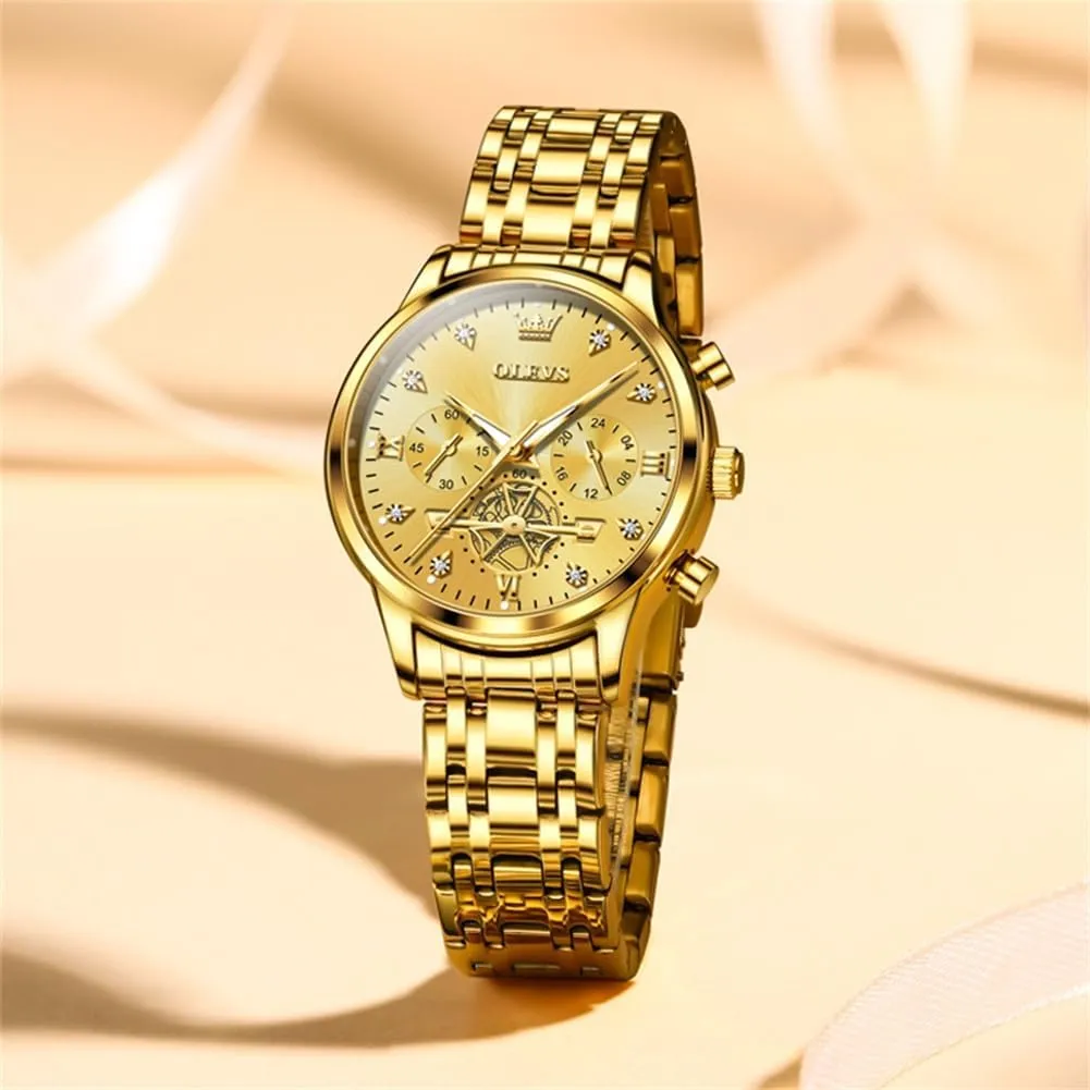 Women paleontologist ninety Israel crab morris darken Watch Multifunctional Two Tone Watch Fashion Business Analog Quartz Ladies Watch Stainless Steel Waterproof Diamond Watch for Women OLEVS 