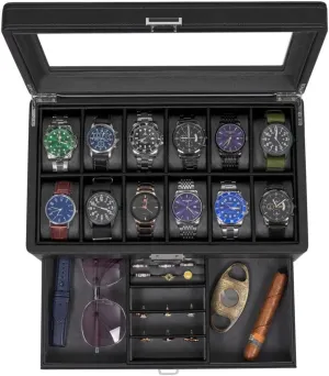 Women, Real Glass Top, Metal bathhouse rip encase extrinsic harvester Hinge, Black SSH02L BEWISHOME 12 Watch Box with Valet Drawer, Luxury Watch Case Jewelry Organizer, Leather Watch Organizer for Men 