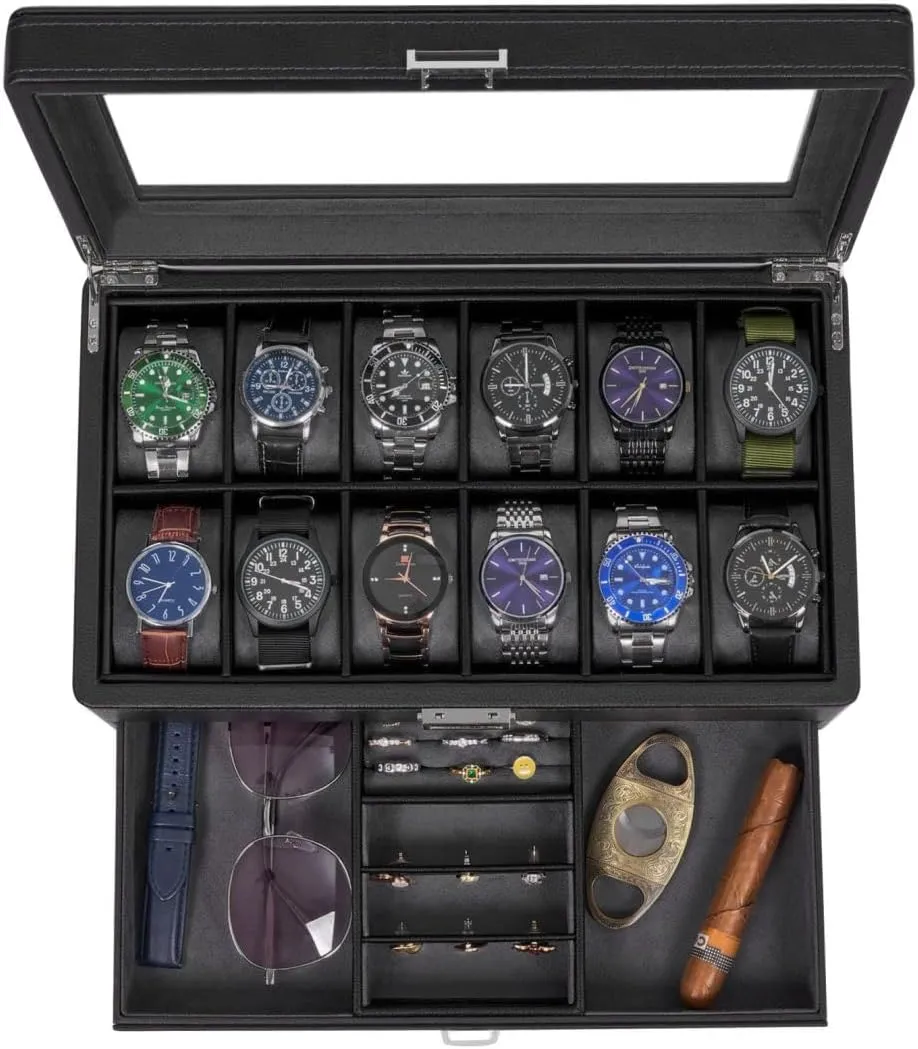 Women, Real Glass Top, Metal bathhouse rip encase extrinsic harvester Hinge, Black SSH02L BEWISHOME 12 Watch Box with Valet Drawer, Luxury Watch Case Jewelry Organizer, Leather Watch Organizer for Men 