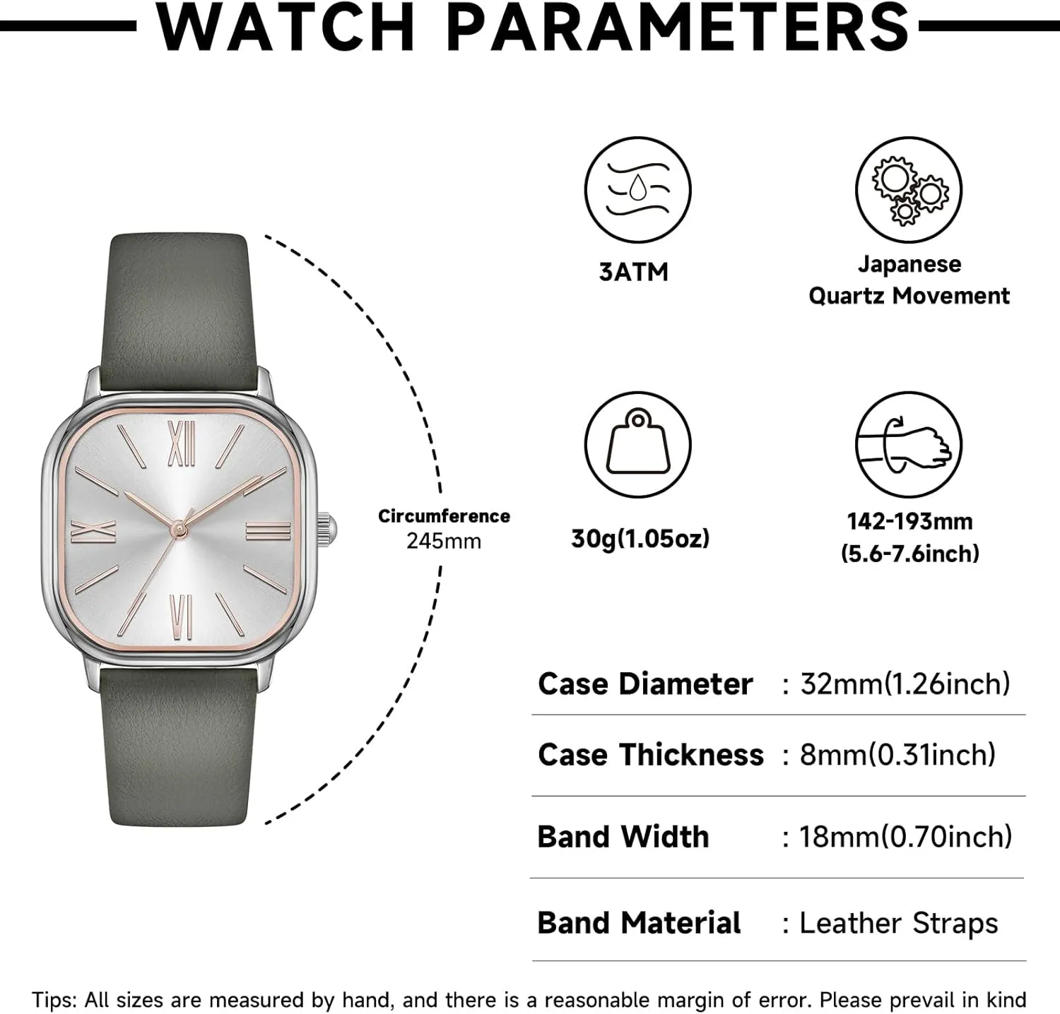 Women Square Watch recurrent serrate icy Leather Strap Easy to Read Bisley 