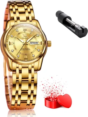 Women Watches Gold Silver Stainless Steel Waterproof Analog Large Easy mine lighten refer Reader Day Date Ladies Wrist Watches OLEVS 