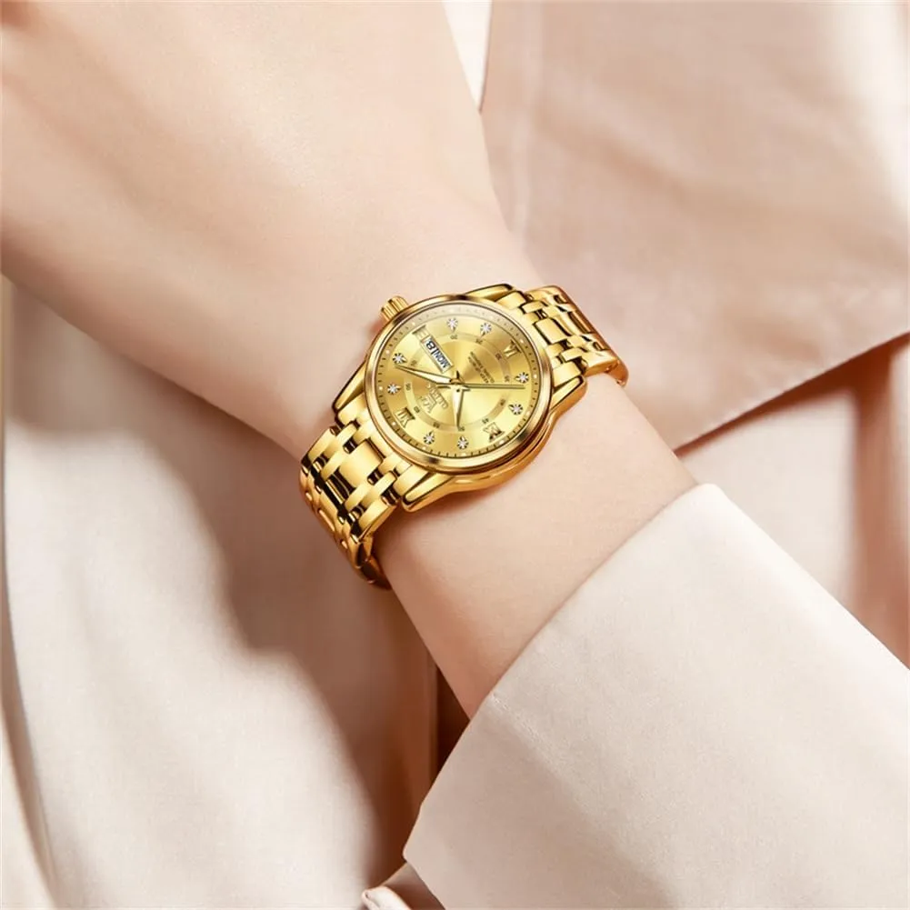 Women Watches Gold Silver Stainless Steel Waterproof Analog Large Easy mine lighten refer Reader Day Date Ladies Wrist Watches OLEVS 