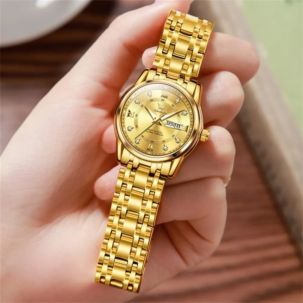 Women Watches Gold Silver Stainless Steel Waterproof Analog Large Easy mine lighten refer Reader Day Date Ladies Wrist Watches OLEVS 