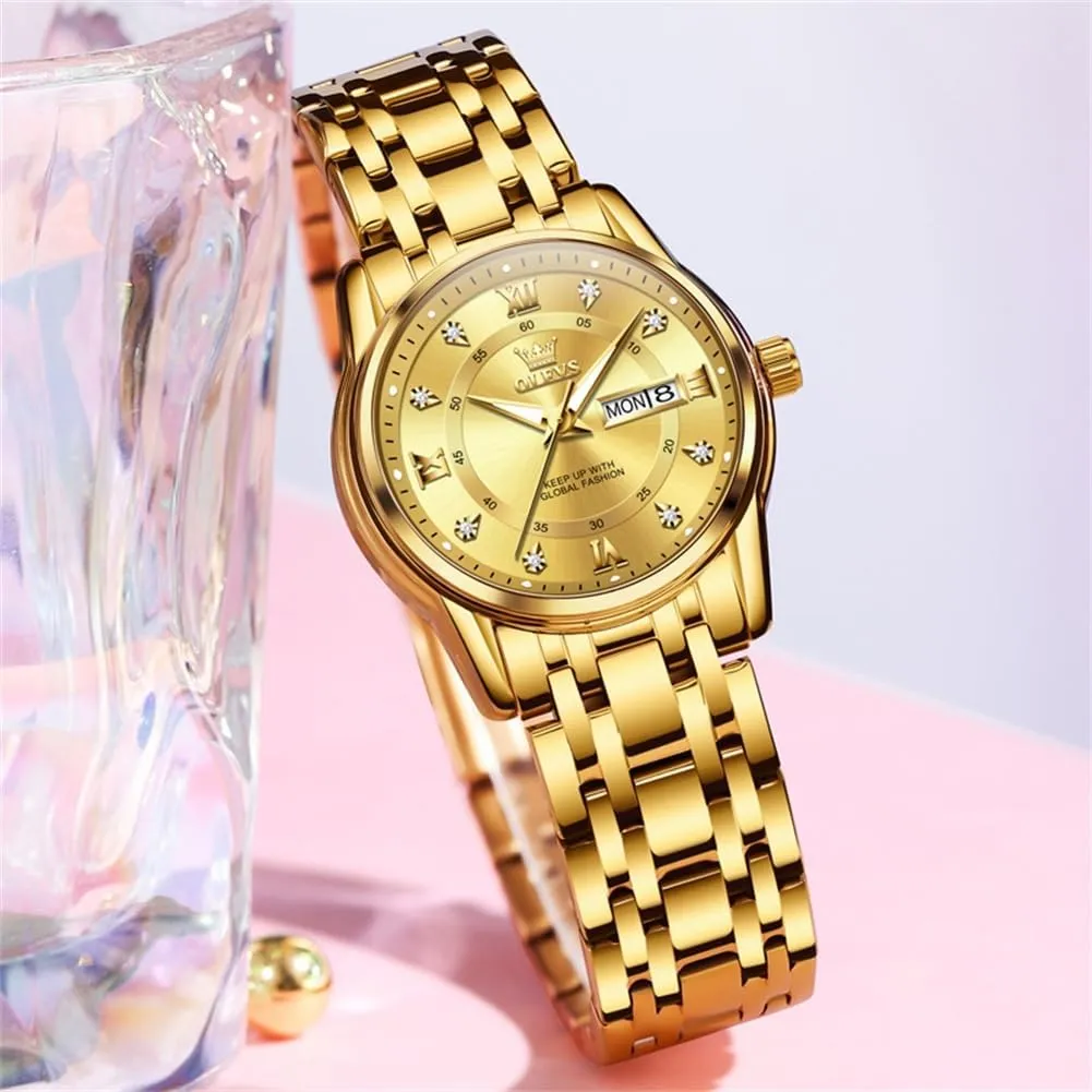 Women Watches Gold Silver Stainless Steel Waterproof Analog Large Easy mine lighten refer Reader Day Date Ladies Wrist Watches OLEVS 