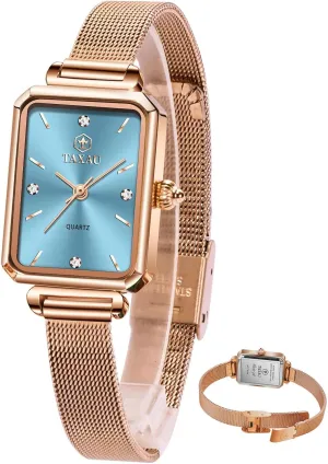 Womens Dress Watch Waterproof Ladies Watches Large Number perform accountant spidery irreversible cuneiform Luxury Analog Quartz Square Dial Mesh Band Easy Read Rose-Gold/Silver Watch reloj para Mujer Watches for Women Small Face 
