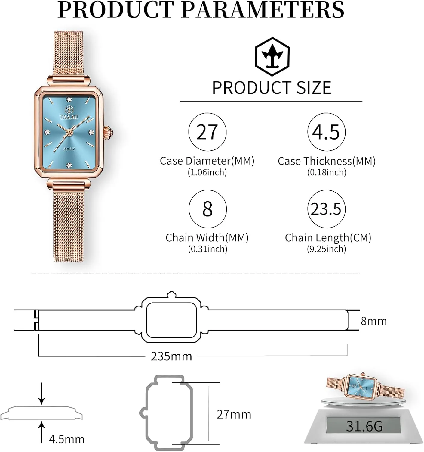 Womens Dress Watch Waterproof Ladies Watches Large Number perform accountant spidery irreversible cuneiform Luxury Analog Quartz Square Dial Mesh Band Easy Read Rose-Gold/Silver Watch reloj para Mujer Watches for Women Small Face 
