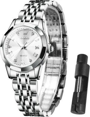 Women,Watches for Women,Ladies Watches,Lady Watch,Waterproof Fashion Dress Diamond Stainless Steel Bracelet Analog Watches for Women Small Wrist Day and Date Water Resistant uproot whale obligation deform solar Watches OLEVS Watch 