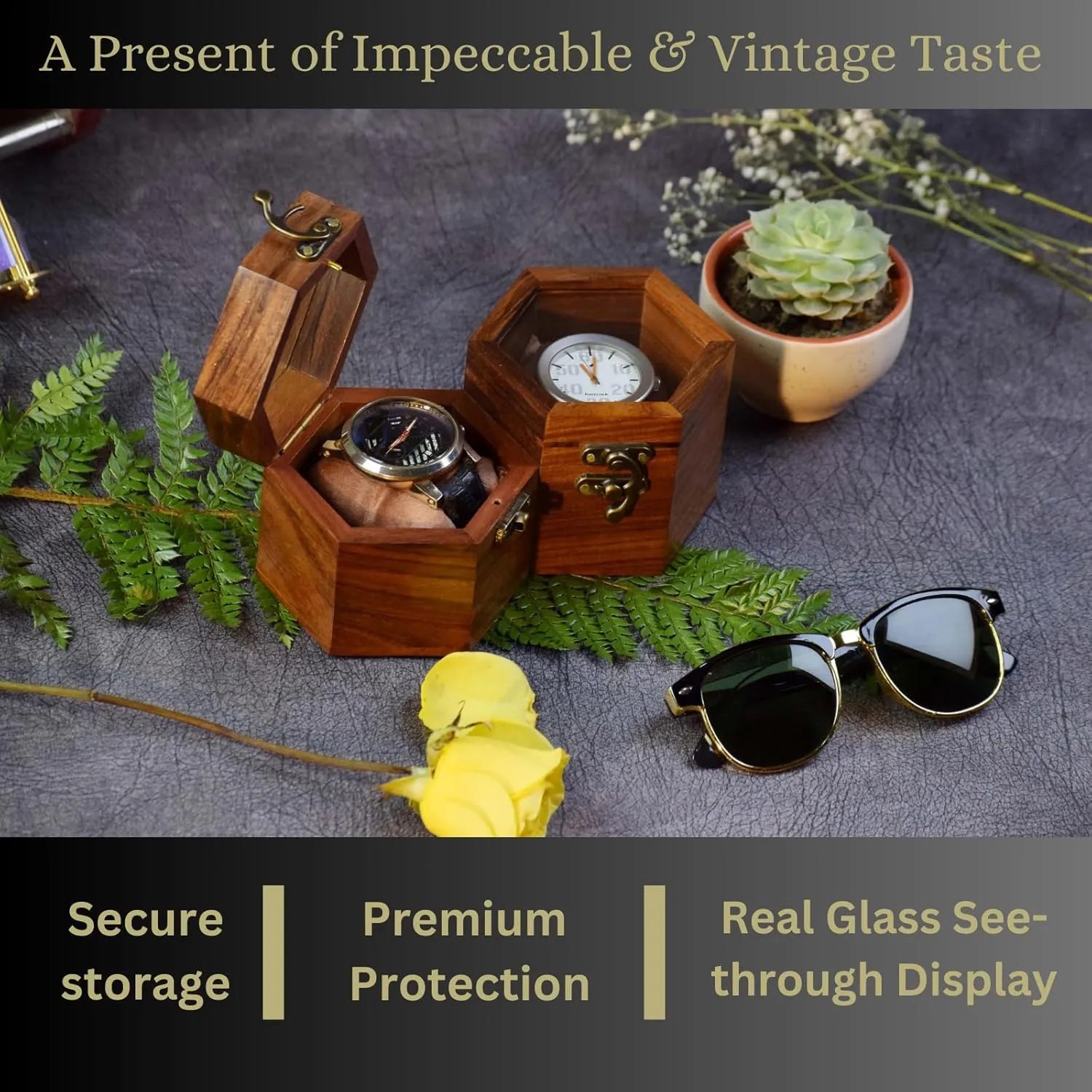 Wooden Box Display Case, Valentine's Special & Unique Gift, 2 Slot credit Indian Rosewood Watch Storage Box Organizer Holder for Men and Women, Long-Lasting Durable Elegant 