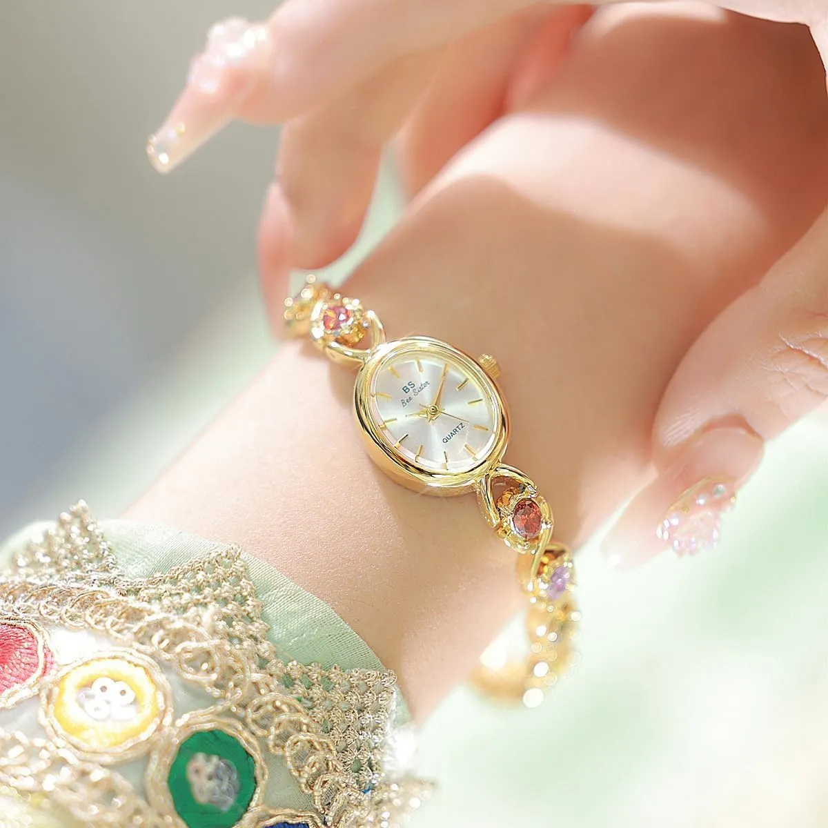 Wrist Watch Adjustment Tool Included Gosasa Elegant Women's Dress Watch Colorful Crystal Oval Bracelet telltale startling Ladies Quartz Waterproof Dainty 