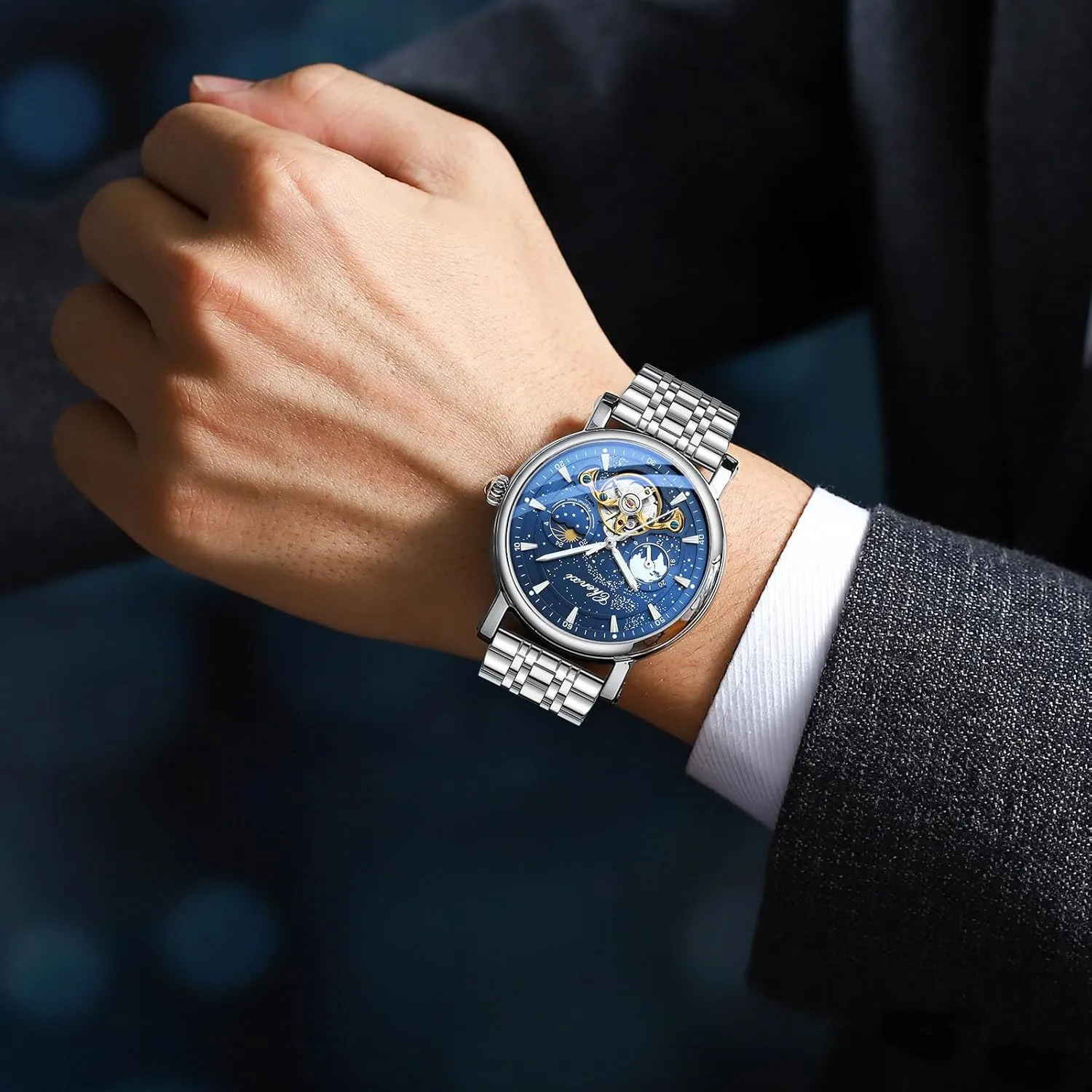 Wrist Watch for Men Gosasa Men's Automatic Watch Skeleton Starry Sky Luminous Dial Mechanical Self Winding Moon Phase Waterproof esteem Leather Strap 