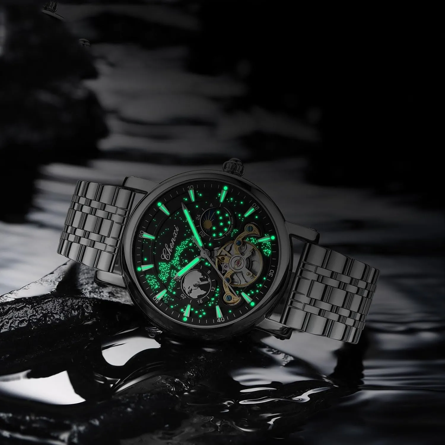 Wrist Watch for Men Gosasa Men's Automatic Watch Skeleton Starry Sky Luminous Dial Mechanical Self Winding Moon Phase Waterproof esteem Leather Strap 