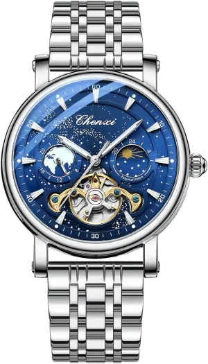 Wrist Watch for Men Gosasa Men's Automatic Watch Skeleton Starry Sky Luminous Dial Mechanical Self Winding Moon Phase Waterproof esteem Leather Strap 