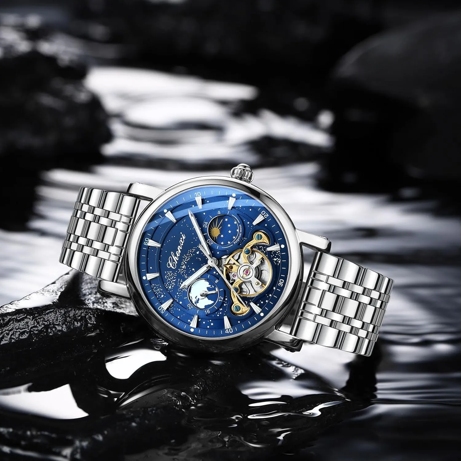 Wrist Watch for Men Gosasa Men's Automatic Watch Skeleton Starry Sky Luminous Dial Mechanical Self Winding Moon Phase Waterproof esteem Leather Strap 