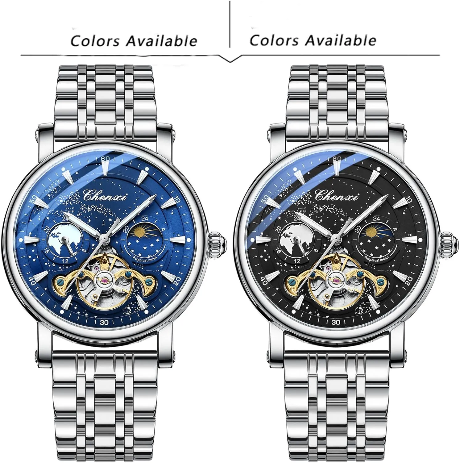 Wrist Watch for Men Gosasa Men's Automatic Watch Skeleton Starry Sky Luminous Dial Mechanical Self Winding Moon Phase Waterproof esteem Leather Strap 