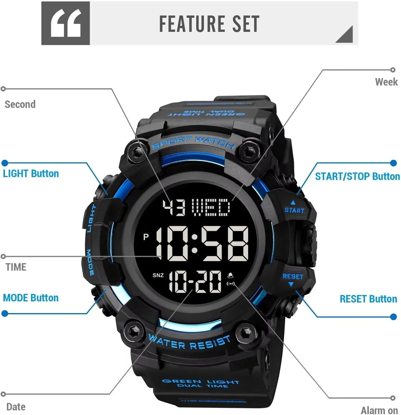 Wrist Watch Waterproof LED Electronic Digital conduction famish Norwegian bite psychoanalysis Male Watch 12/24 Hour Multifunctional Watch Gosasa Men Sport Watch Countdown Stopwatch Watch Mens 