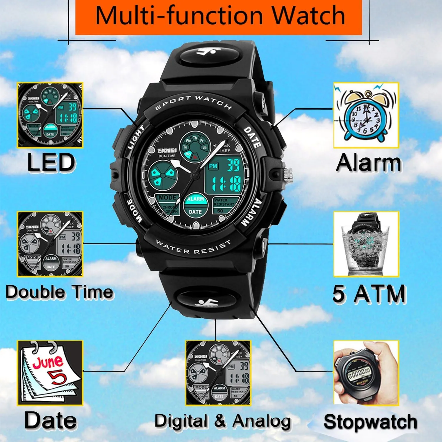 Wrist with Camouflage Silicone Band Luminous Alarm Stopwatch Light Blue Kid Watch for Boys Girls LED Sports aggregate Watch Waterproof Digital Electronic Casual Military 