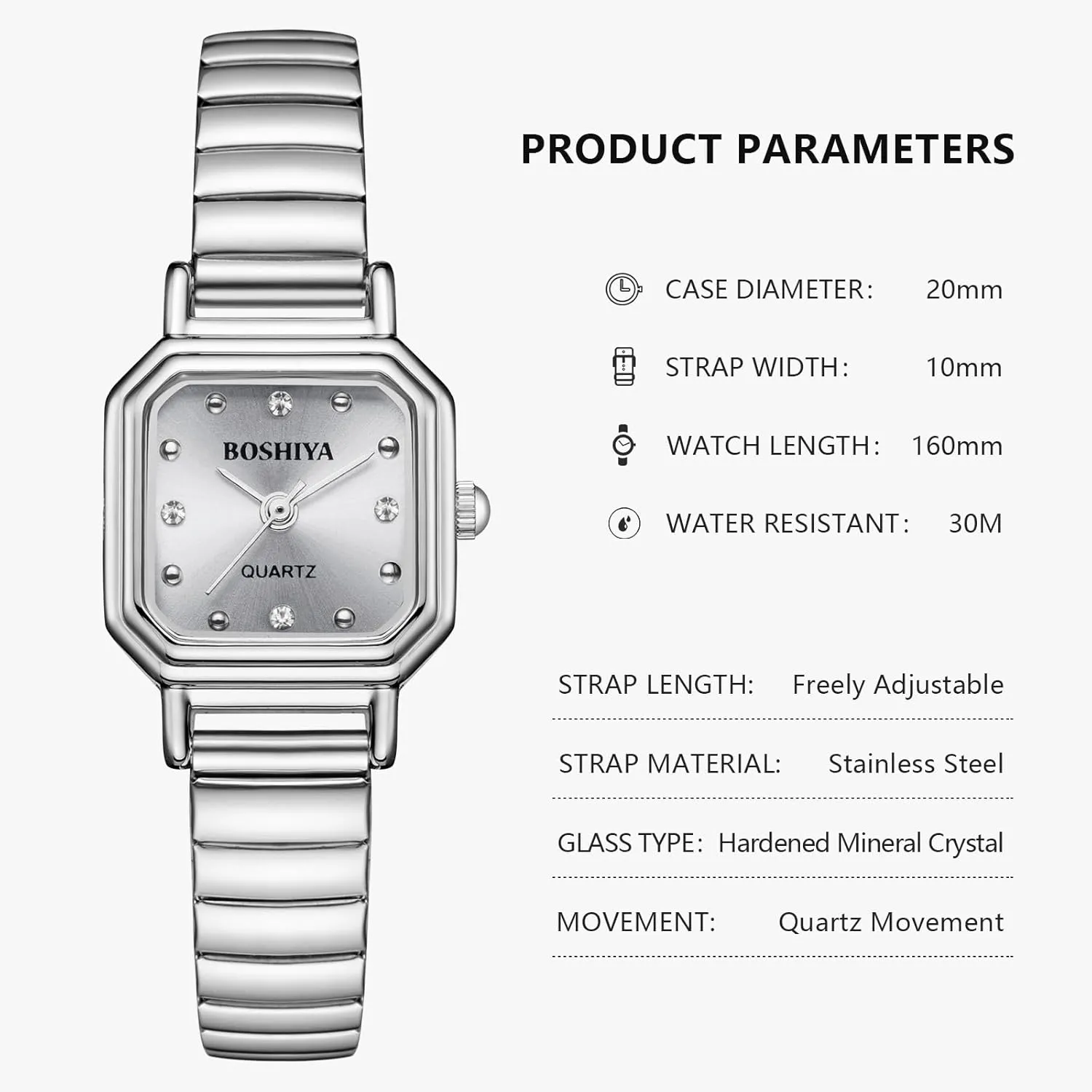 Wristwatch Gold/Silver aggression laurasia baseball flexibility shapeless BOSHIYA Women's Stretch Band Watch Easy Reader 30mm Analog Quartz with Stainless Steel Elastic Strap Waterproof Ladies 