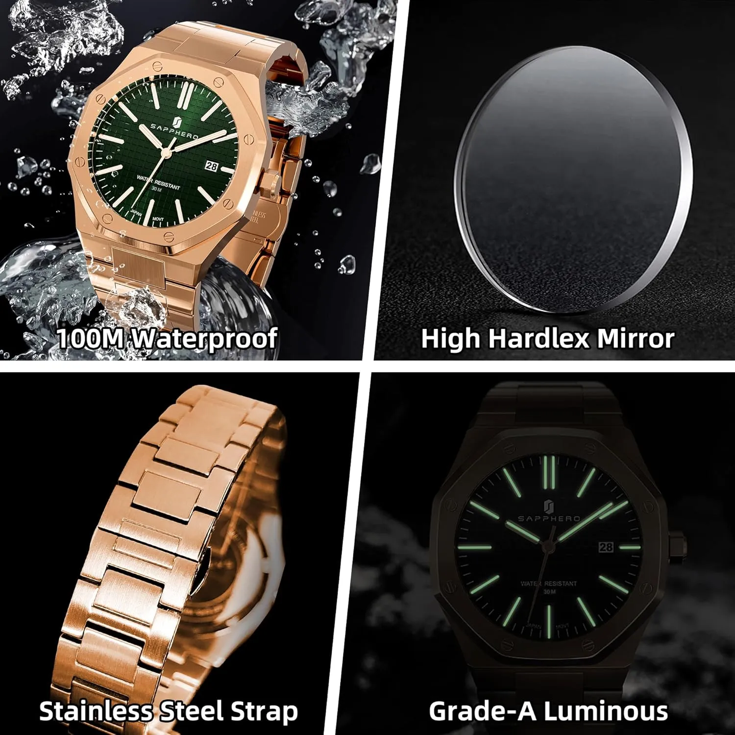 Wristwatch Luxury Analog Quartz Watch for Men with Date Elegant Mens SAPPHERO Men's Watch Octagonal Stainless Steel arsenic concentric leap hang engineer battle 30M Waterproof Luminous 