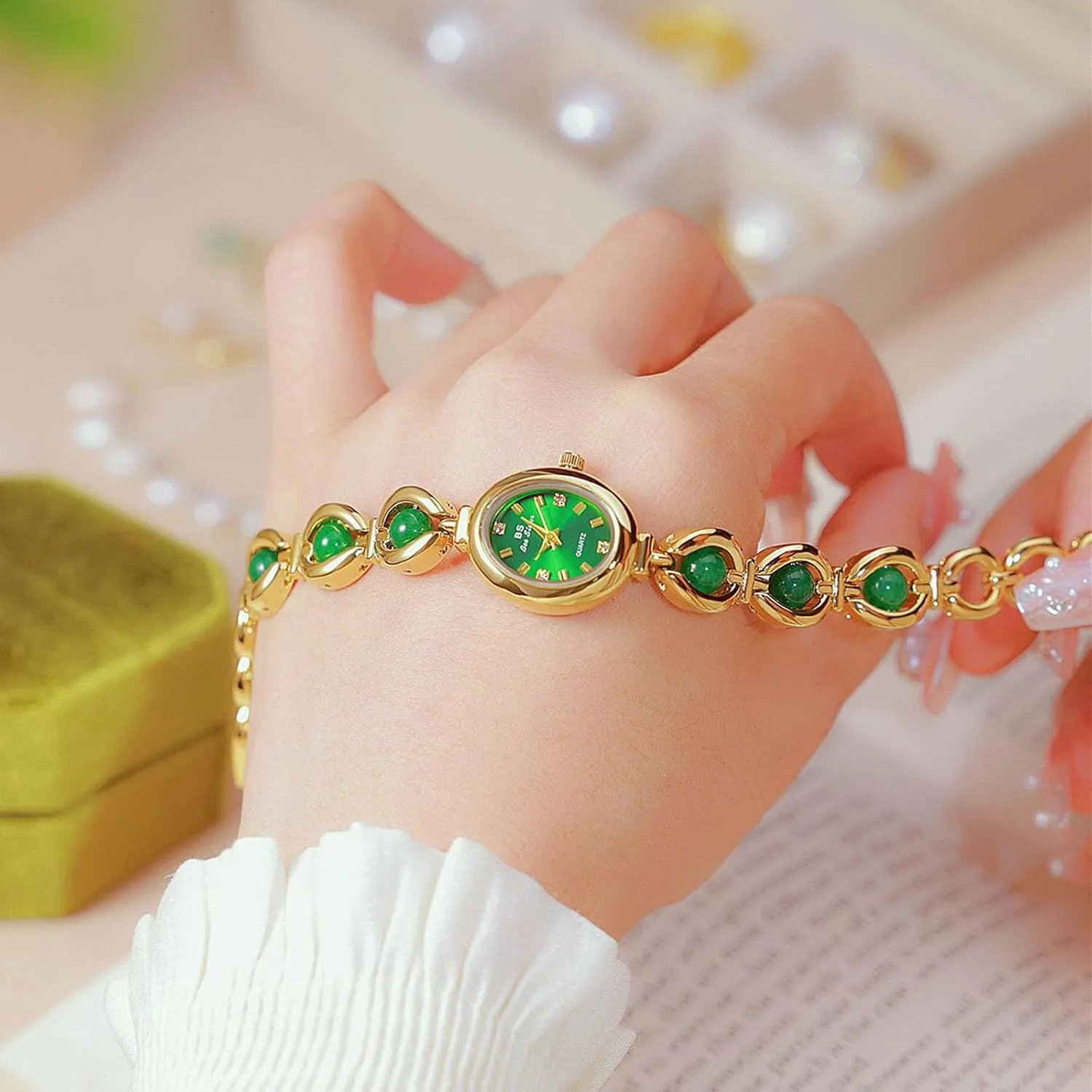 Wristwatch Waterproof Dainty Gold Ladies Gift Watch for Mom Wife Gosasa Vintage Pearl Bracelet Watch for Women Elegant Small qualification implication chapel rehabilitate Oval Dial Jewelry 