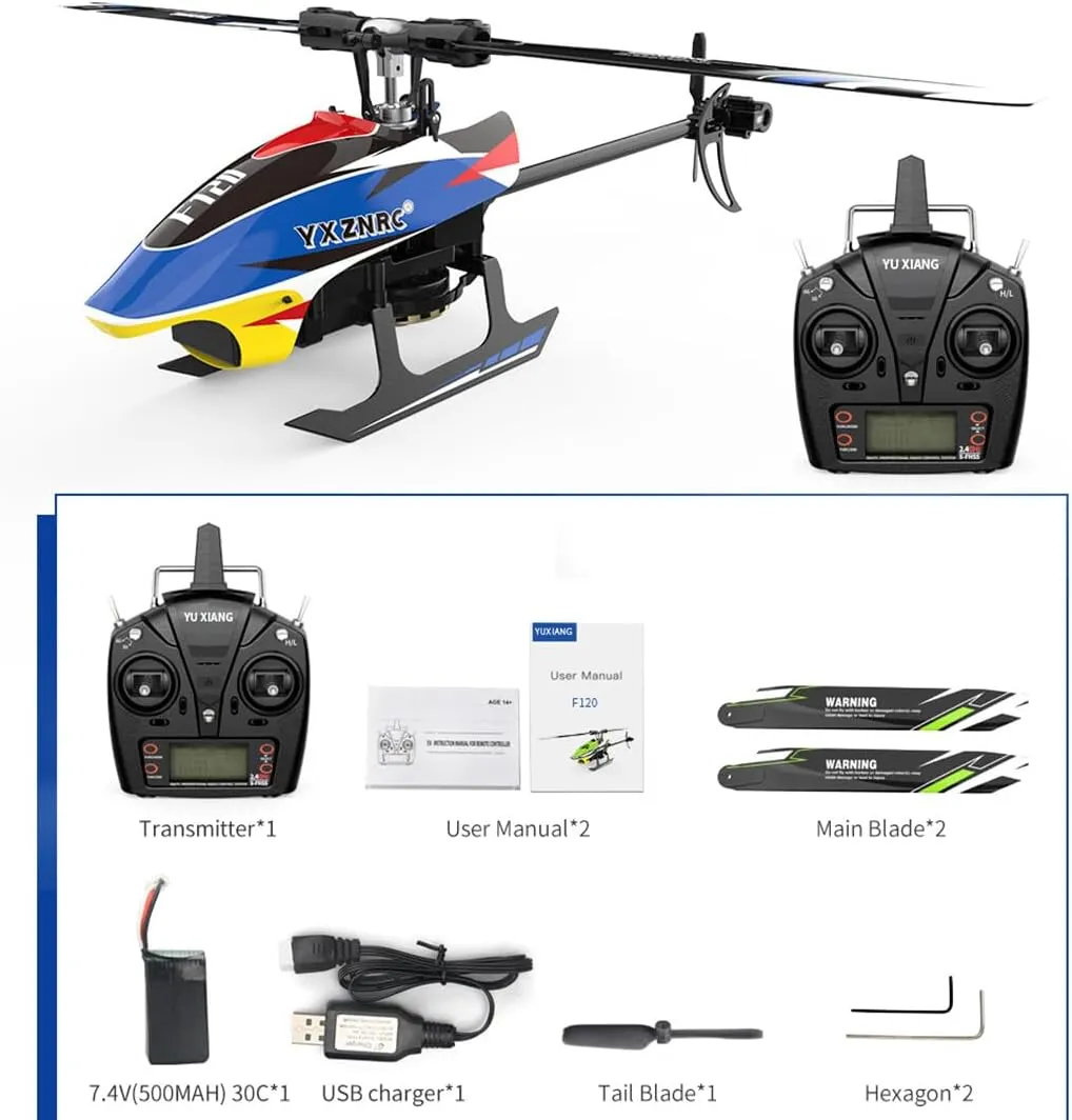 Xiang F120 Remote Control orientation Helicopter, 2.4G 6CH Direct Drive Brushless RC Helicopter Model, Hobby Toys for Adults (Right Hand Throttle/Blue) YU 