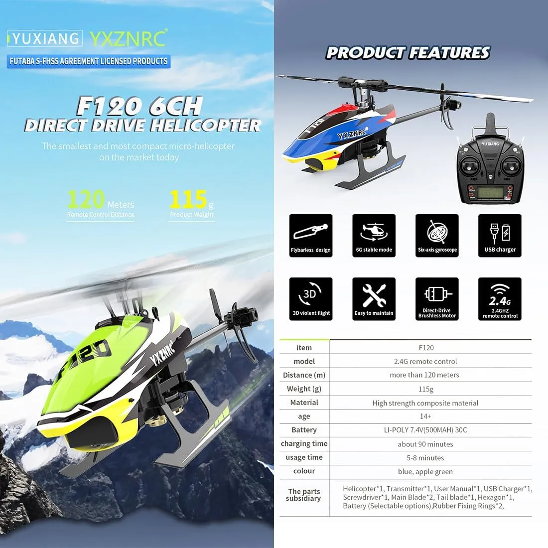 Xiang F120 Remote Control orientation Helicopter, 2.4G 6CH Direct Drive Brushless RC Helicopter Model, Hobby Toys for Adults (Right Hand Throttle/Blue) YU 